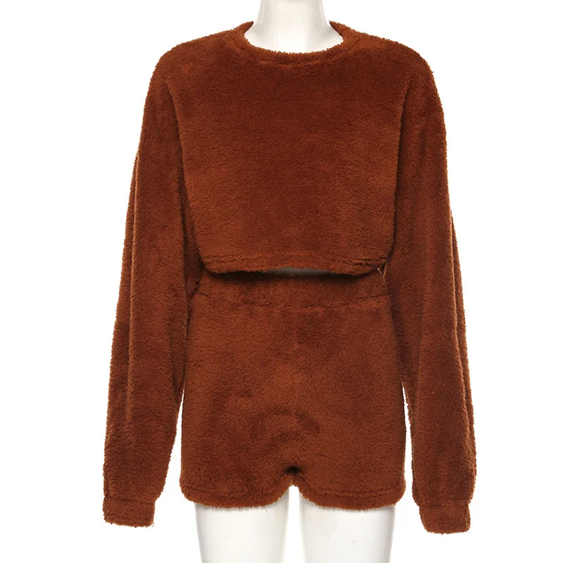 Ceny Bangniweigou z długim rękawem przycięte futrzany płaszcz ciepłe szorty kaszmirowe stroje jesienno zimowe ubrania damskie 2 kawałki zestawy solidne dresy