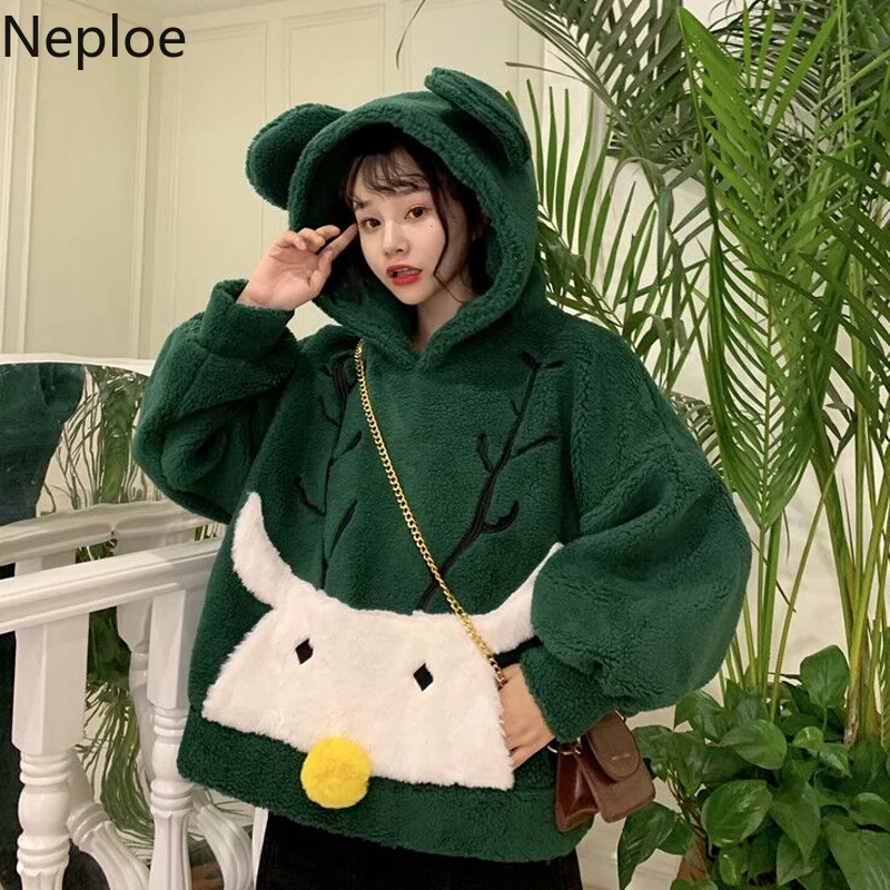 Neploe Ins, имитация овечьей шерсти, теплые толстовки, женские, с капюшоном, в стиле пэчворк, с рисунком оленя, толстовка, Повседневный пуловер, Женский Топ, осень