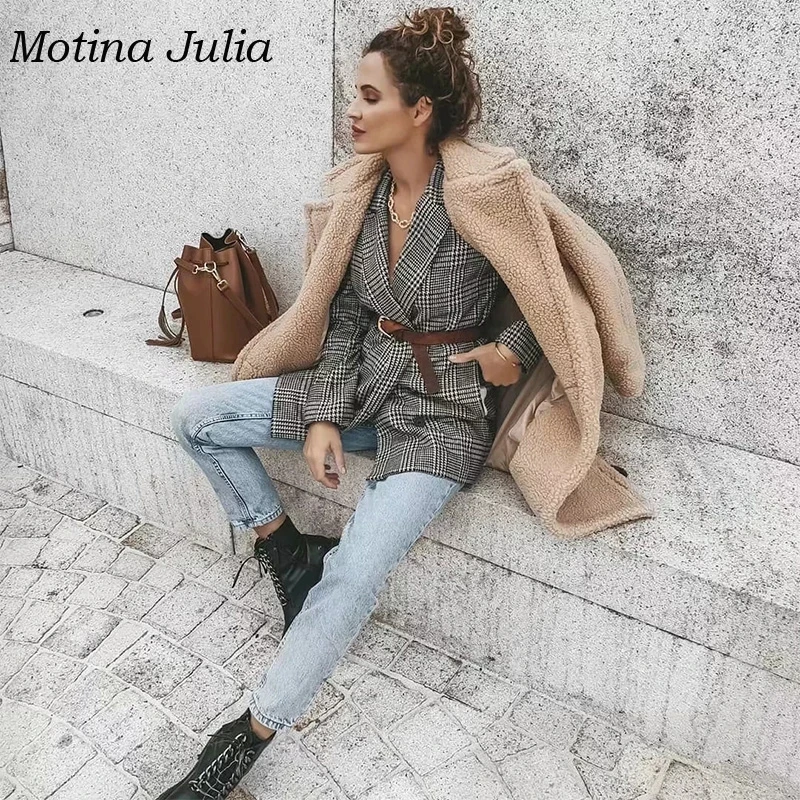 Motina Julia Модный осенне-зимний клетчатый Блейзер, пальто, Женский однобортный Блейзер, верхняя одежда, куртка