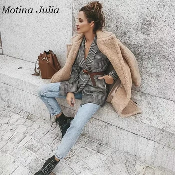

Motina Julia trendy autumn winter plaid blazer coat women breasted blazer outerwear jacket