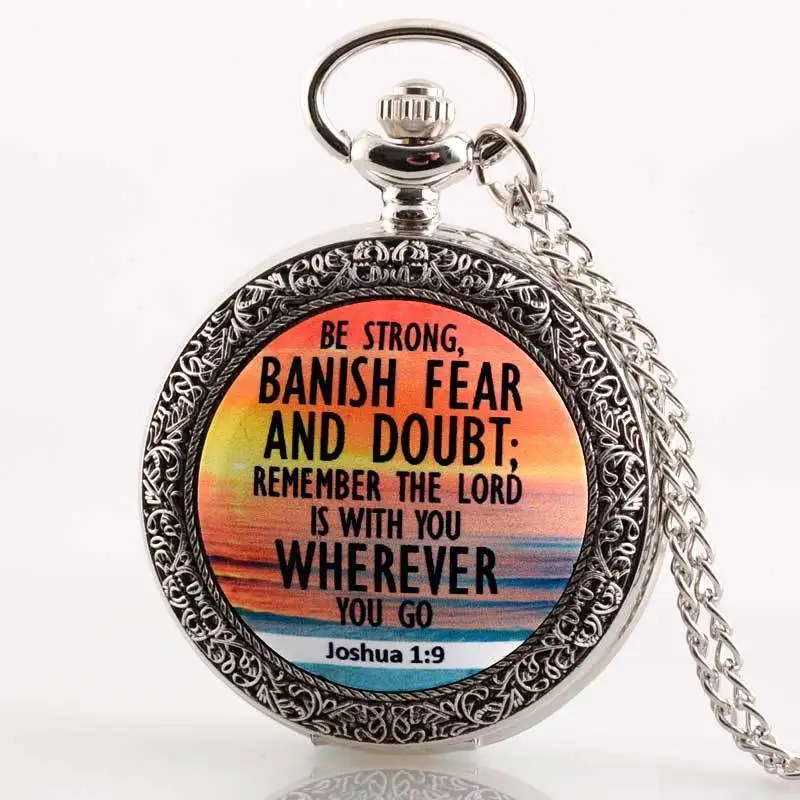 

IBEINA Silver Bronze Color Available Bible Joshua Theme Full Hunter Quartz Engraved Fob Retro Pendant Pocket Watch Chain Gift
