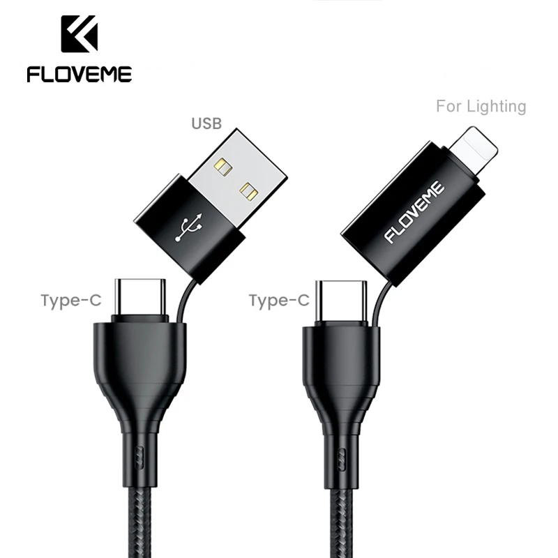 FLOVEME 4 in 1 USB Cable 3A USB C to Lighting Cable For iphone 12 11 X Fast Charging Type C Charger For Samsung Redmi Date Cable