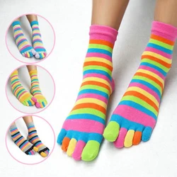 1 Pair Womens Cotton Five Finger Socks Striped Rainbow Color Mid-tube Socks Cartoon Funny Harajuku Socks With Toes Girls