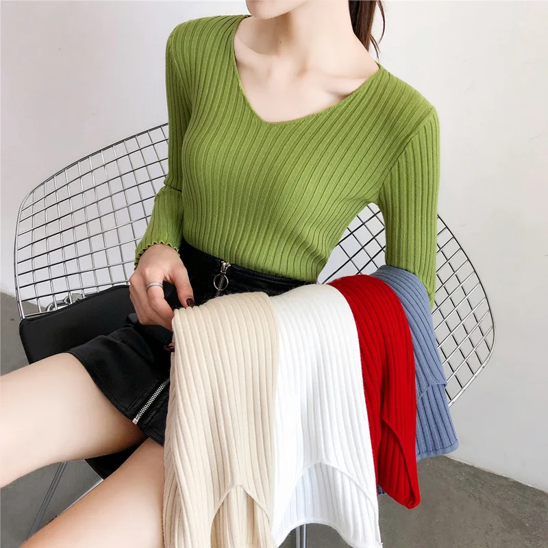 2020 Women Autumn Knitted Slim Sweaters Solid V-Neck Long Sleeve Croche Knit Sweater Bottoming Female Elastic Cotton Tops | Женская