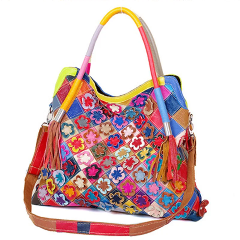 

Genuine Leather Patchwork Bag Cowhide Bucket Bag Women Shoulder Bag Flower Colorful Handbags