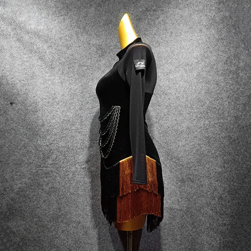 Latin Dance Dress Mesh Long Sleeved Dresses Latin Fringed Skirt Salsa Rumba Cha Cha Samba Tango Competition Performance