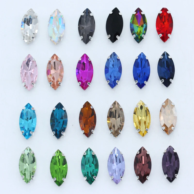 48Pcs Navette Shape Sew-On Rhinestones With Silver Claw - Mix Size K9 Glass Gems For Clothing Shoes Jewelry DIY Crafts
