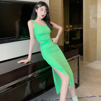 

2019 Woman Summer Elegant New Fashion Design Dress 2 Pieces Set Sleeveless Tank Crop Top Slim Fit Skirt Solid Color Girls Sets