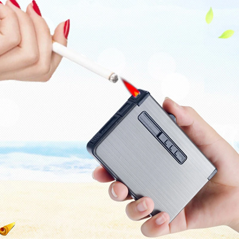 

Creative Inflatable Gas Lighter Metal Cigarette Case Durable Waterproof 12pcs Cigarettes Holder Automatic Ejection Box Lighter