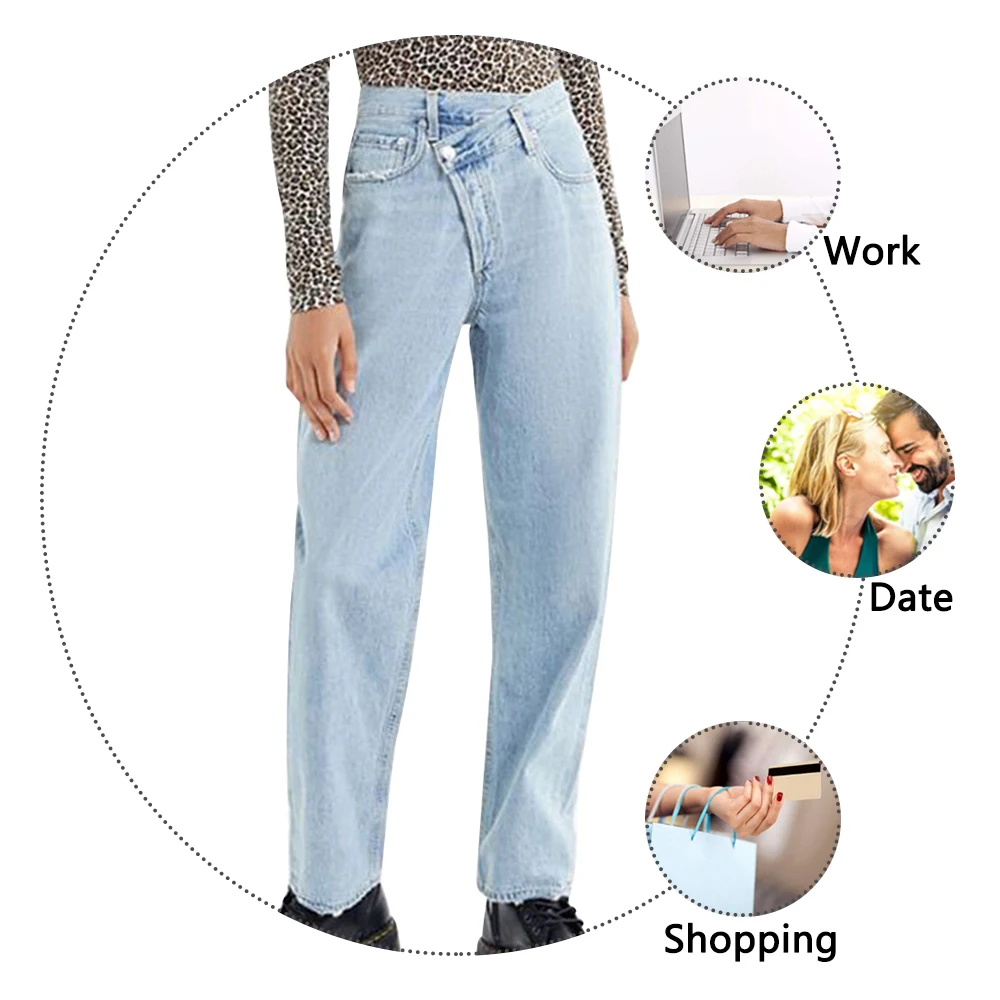 Blue Roll Cuff Boyfriend Jeans Woman Spring Casual Straight Leg High Waist Jeans Streetwear Korean Fashion Pants