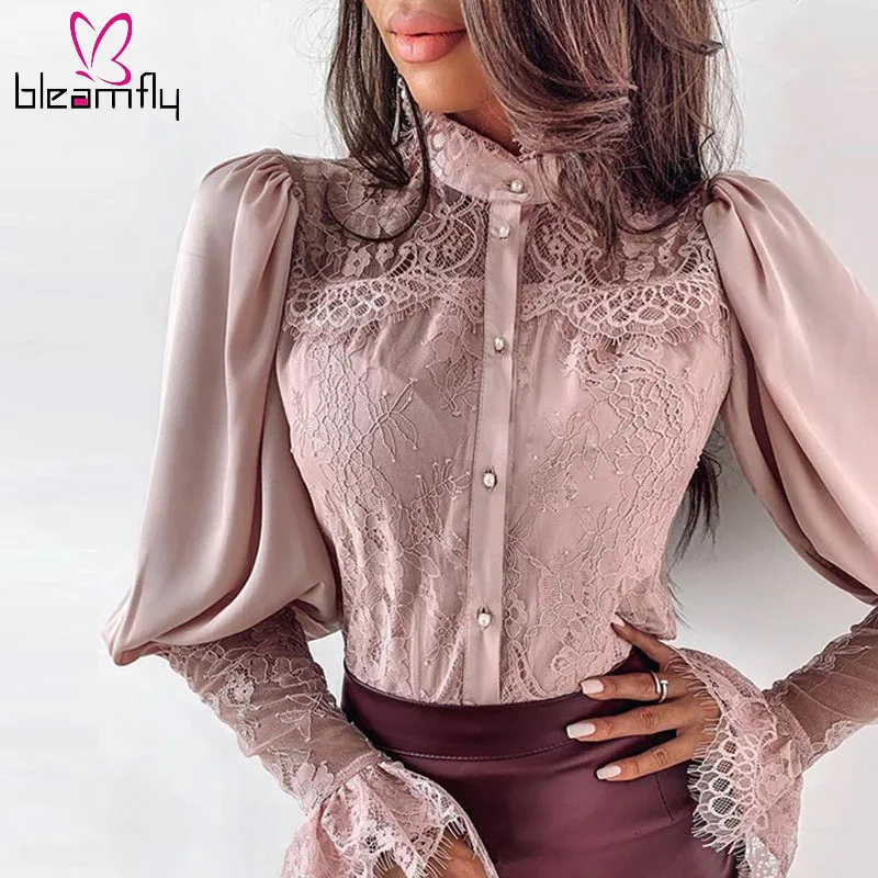 

Women Lace Patchwork Puff Sleeve Buttoned Blouse Chic Elegant Spring Fall Office Lady Streetwear Stand Collar Top Shirt