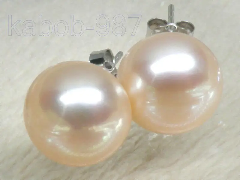 

FINE perfect bread AAA 10.5mm pink akoya pearl earring solid 14K/20 white gold