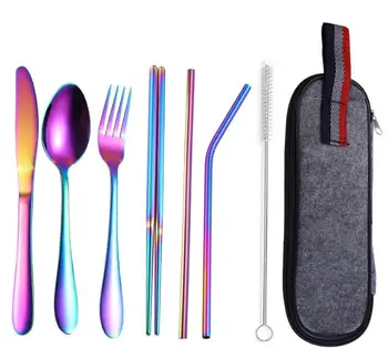 

8pcs/lot New Tableware 304 Stainless Steel Cutlery Straw Dinnerware Set Spoon Fork Chopsticks with Straw Portable Case XB 046