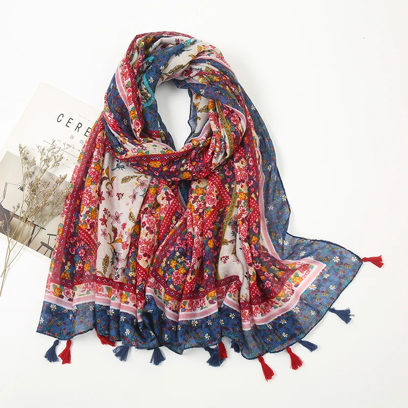 LAVEN Floral Tassel Shawl Scarf Women Luxury Scarves Print Soft Bohemia  Stole Ethnic Wrap Snood Bufandas Muslim Hijab Sjaal