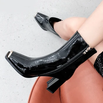 

High Heels Boots Women Cow Leather Ankle Boot Square Toe Square Heel Shoes Female Fashion Party Zip Shoes Ladies Spring 2020 New