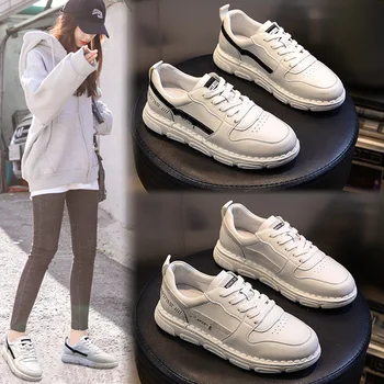 

Yiluan Leather Women Real Leather Sneakers Shoes White Fashion Women Single Shoes Lace Up Round Toe Casual Women Footwear