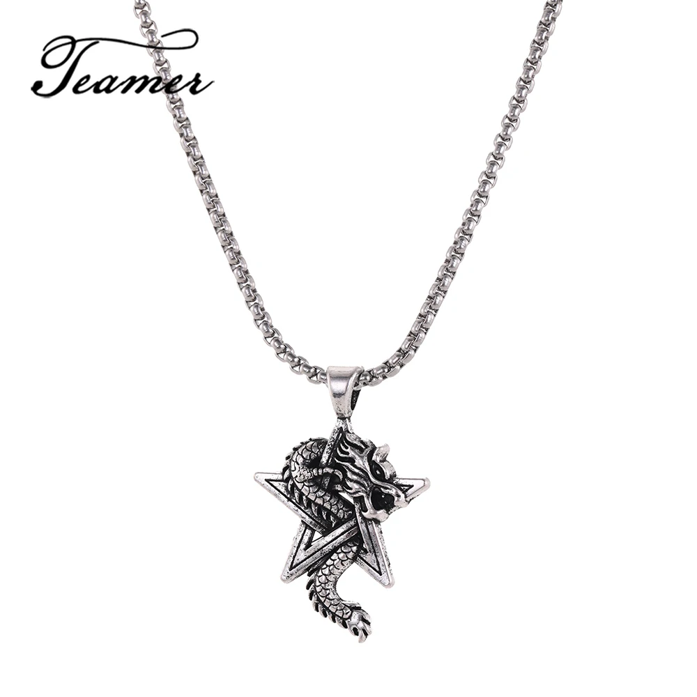 

Teamer Hip Hop Punk Men's Necklace Pentagram Star Pendnat Chinese Dragon Necklace Stainless Steel Chain Amulet Jewelry Gifts