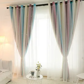 

Hollow Star Blackout Curtains for Living Room Bedroom Thermal Insulated Window Curtain Blind Finished Curtains With White Voile
