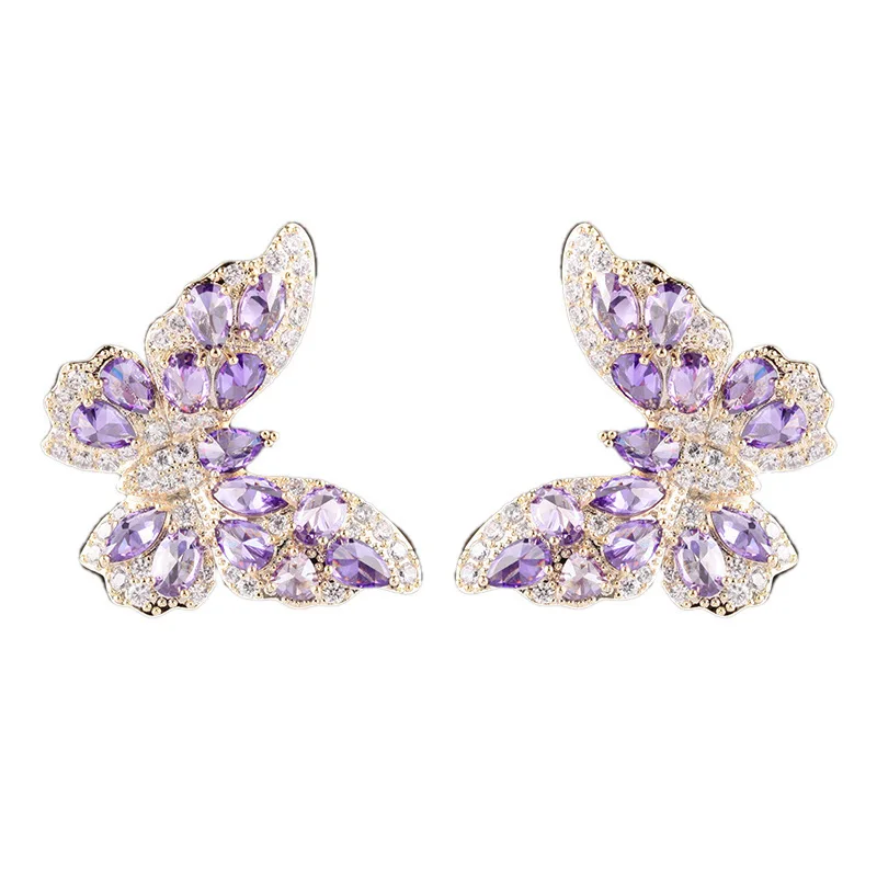 

Блестящие серьги-бабочки с кристаллами, розовые, фиолетовые, золотые, для принцессы, подарок на день рождения, модные серебряные серьги 925, Женские аксессуары вечерние