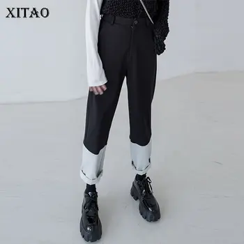 

XITAO High Waist Hit Color Pants Women Clothes 2020 Spring Patchwork Personality Flat Button Fly Wide Leg Pants Fashion DMY3590