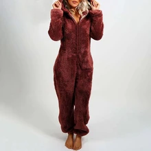 2020 Brand New Women's Plush Jumpsuit Winter Pajamas Long Sleeve Zipper High Collar Hat Warm Girls Clothes