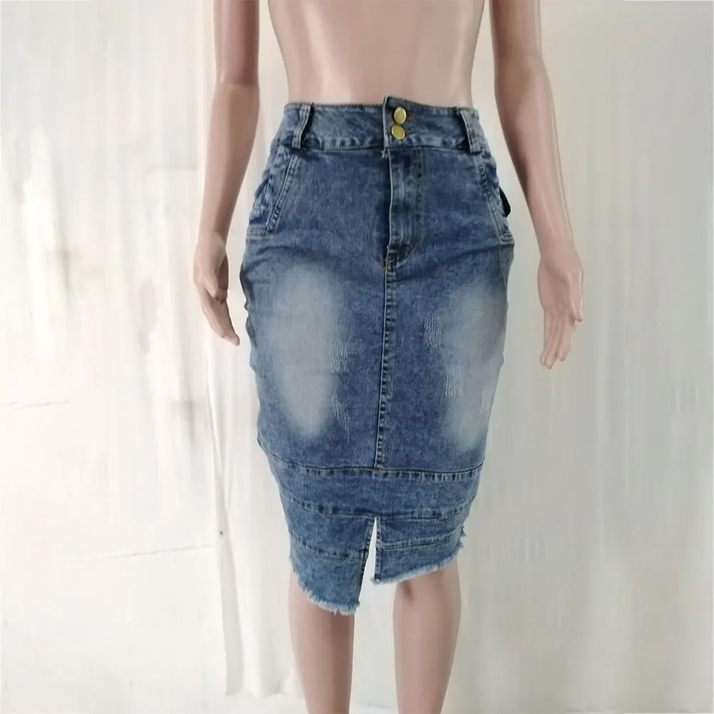 Autumn New Denim Skirt Women Button Jeans Skirts Femme High Waist Skirt Knee-Length Female Pencil Skirts Mujer