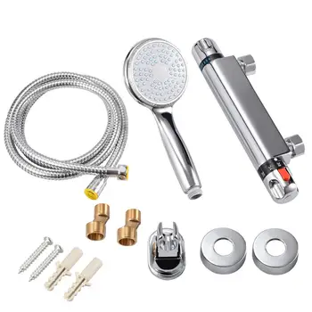 

Chrome Thermostatic Bath Shower Faucet Round Bathroom Mixer Tap Valve Bar Shower Head Kit Set Bathroom Hotel Handheld Modern