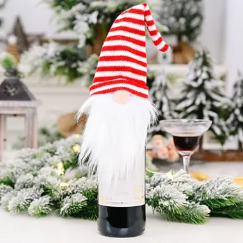 

4Pcs Christmas Decorations Knitted Cap Forest Old Man Wine Cover Face Less Doll Wine Cover