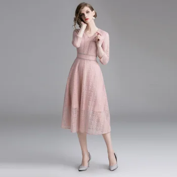 

Summer V-neck Hollow Pink Lace Long Party Dress Zomerjurk Dames 2020 Women Midi Beach Dress Kleider Damen Robe Femme K3913