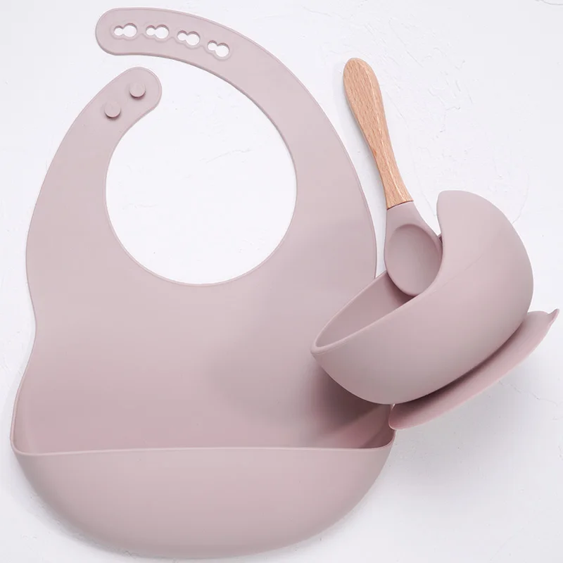 BPA Free Baby Silicone Tableware Waterproof Bib Flexible Saliva Towel Solid Color Sucker Bowl And Spoon For Children