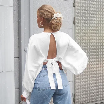 

Sexy France Retro Style Tie Back Short Design Lantern Sleeve Blouse Top Chic Shirt Top