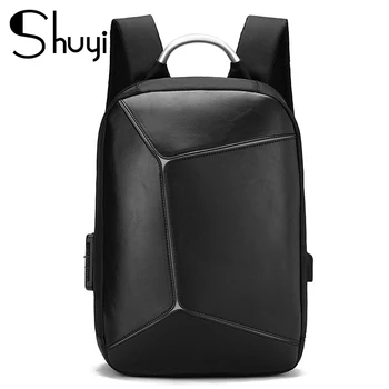 

Laptop backpack 2020 new high-quality leather geometric reflective strip alloy portable male backpack multi-function backpacks