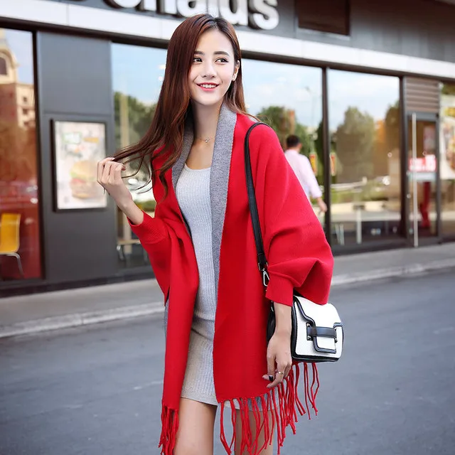 wine red gray Женские зимние Новые однотонные шали oncho с рукавами, шали, женские пашмины, шаль, утолщенный шарф, палантины, теплые женские пончо и накидки - Цвет: wine red gray