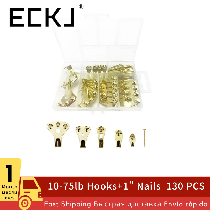 ECKJ 130 개/대 그림 옷걸이 사진 프레임 매달려 후크 키트 벽 무거운 의무 그림 도구 75lb에 대 한 손톱 하드웨어. 골드