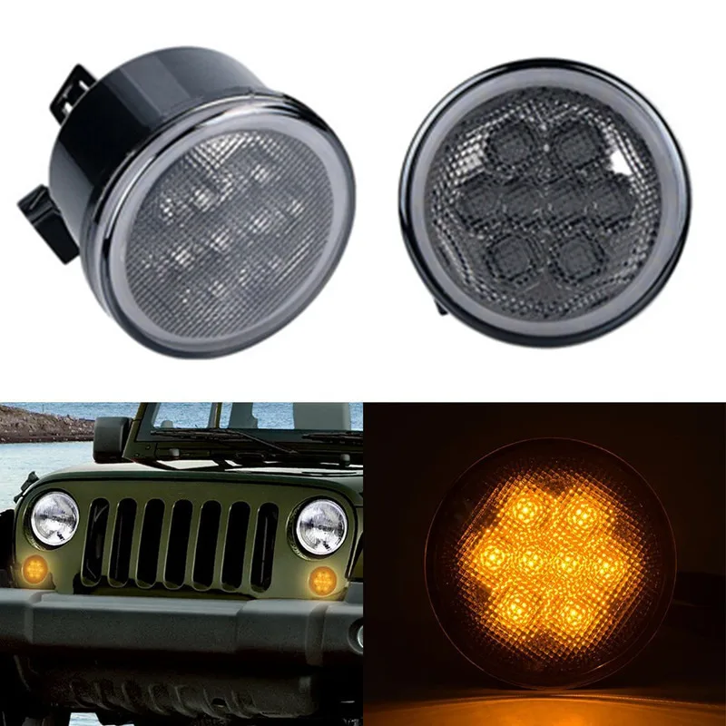 

2x Amber Front Grill LED Turn Signal Light Lamp Smoke Lens For Jeep Wrangler JK 2007-2017