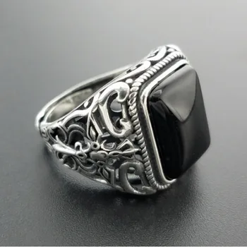 

Real 925 Silver Black Garnet S925 Ring For Men Flower Fashion Open Size Ring Sterling Silver Thai Silver Fine Jewelry