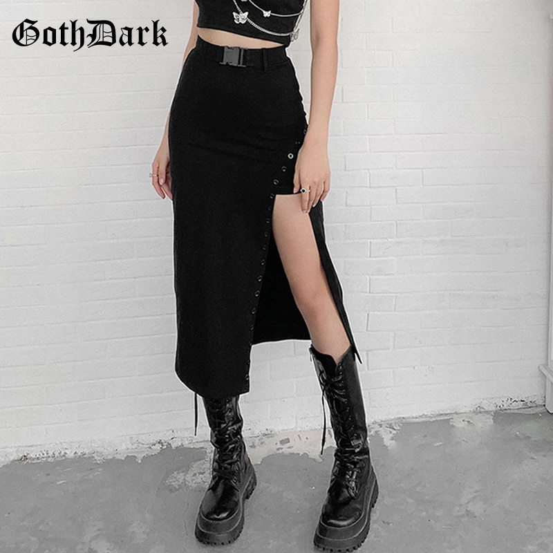 

Goth Dark Gothic High Waisted A-Line Black Midi Skirts Mall Goth Y2k Punk Style Women Sexy Slit Side Buckle Front Skirt Clubwear