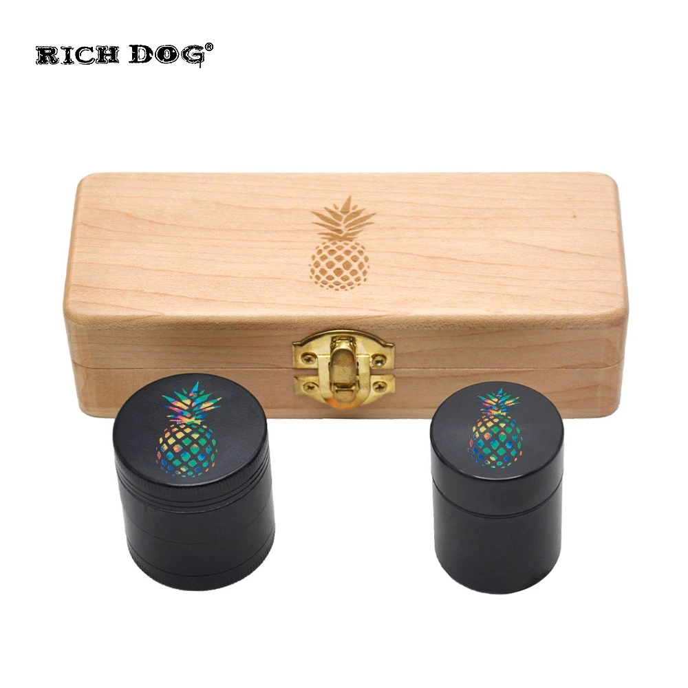

RICH DOG Tobacco Wooden Stash Case Box + Aluminum Herb Grinder + Metal Smoking Stash Storage Jar Smoke Hand Pipe Accessories