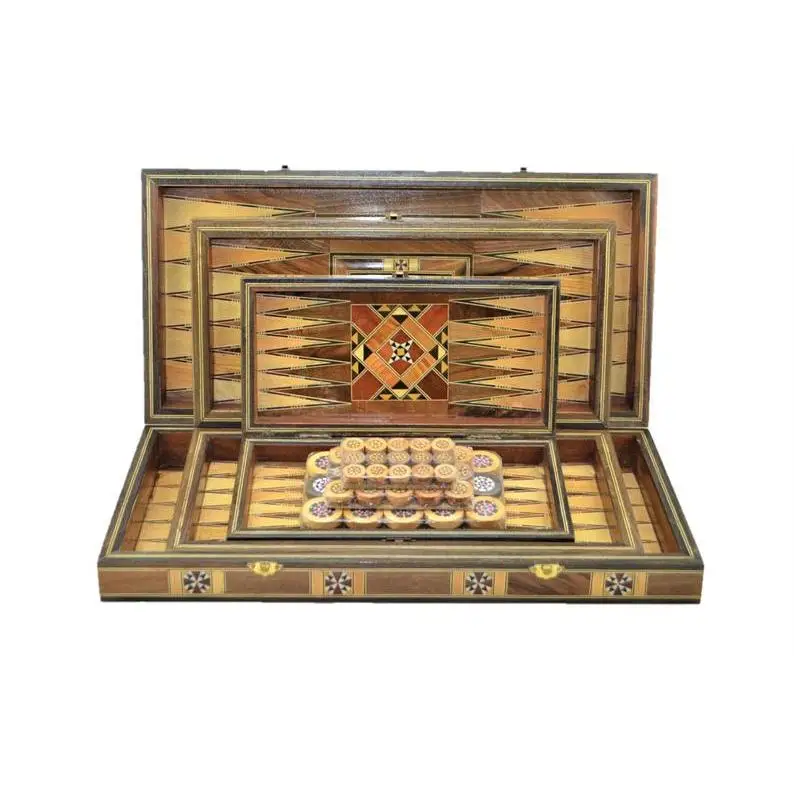 US $244.90 Vintage Game Set Natural Solid Wooden Handmade Motif Backgammon Chess Board checkers Sets for Kids and Adults 3 Size Together