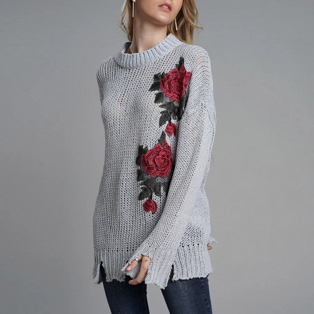 Womail sweater winter tops for women Floral Print Long Sleeve O-Neck Embroidered  sweater women women winter tops 816#2