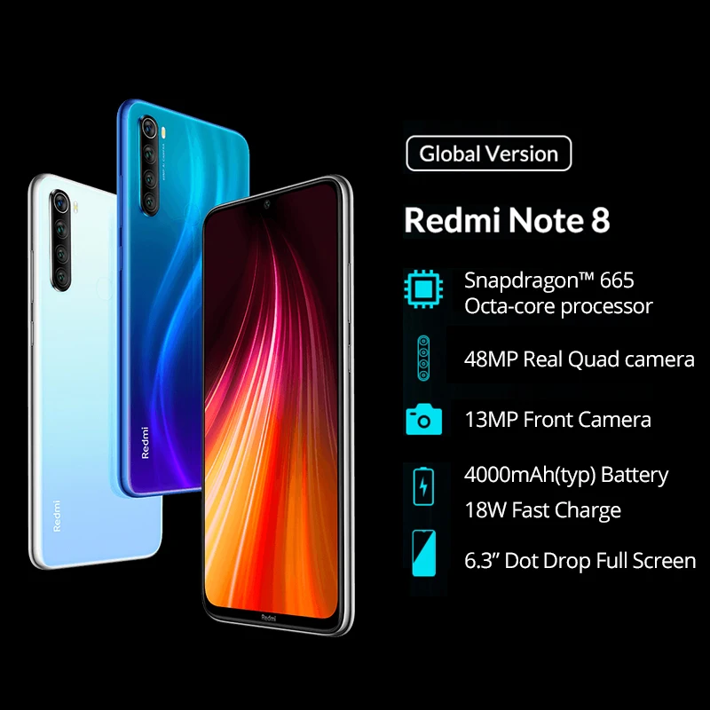 Смартфон Xiaomi Redmi Note 8 с глобальной версией, 4 ГБ, 64 ГБ, 48 МП, четырехъядерный процессор Snapdragon 665, четыре ядра, FHD экран 6,3 дюйма, 4 K, видео телефон
