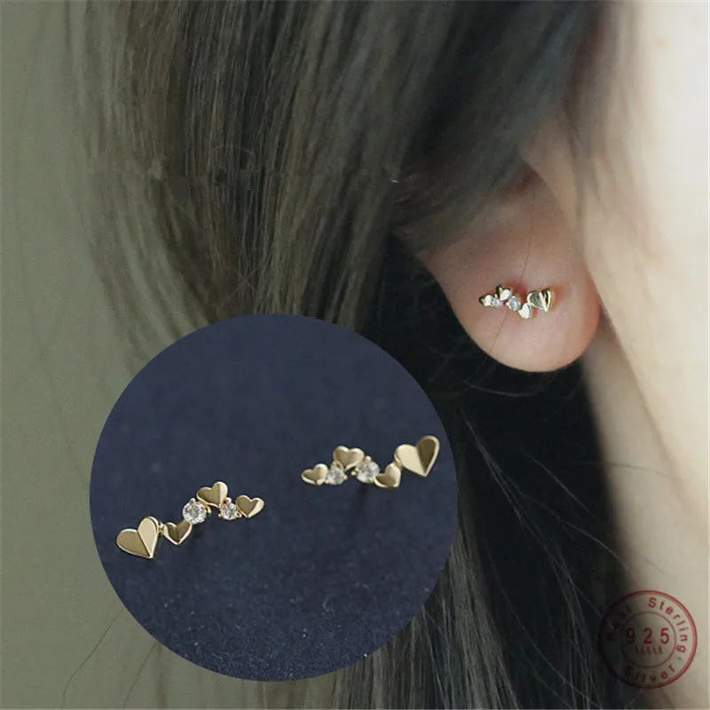 

925 Sterling Silver 14K Gold Simple Heart-Shaped Link Stud Earrings Women PavÃ© Crystal Korean Temperament Wedding Jewelry Gift