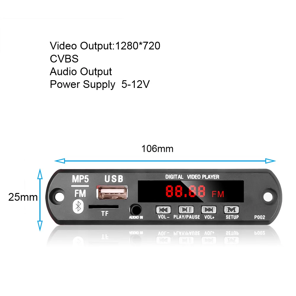 1280x720 Видео выход автомобильный MP5 плеер Bluetooth 5,0 автомобильный комплект 5-12 в аудио Ourput MP5 декодер доска автомобильный музыкальный плеер Aux USB TF