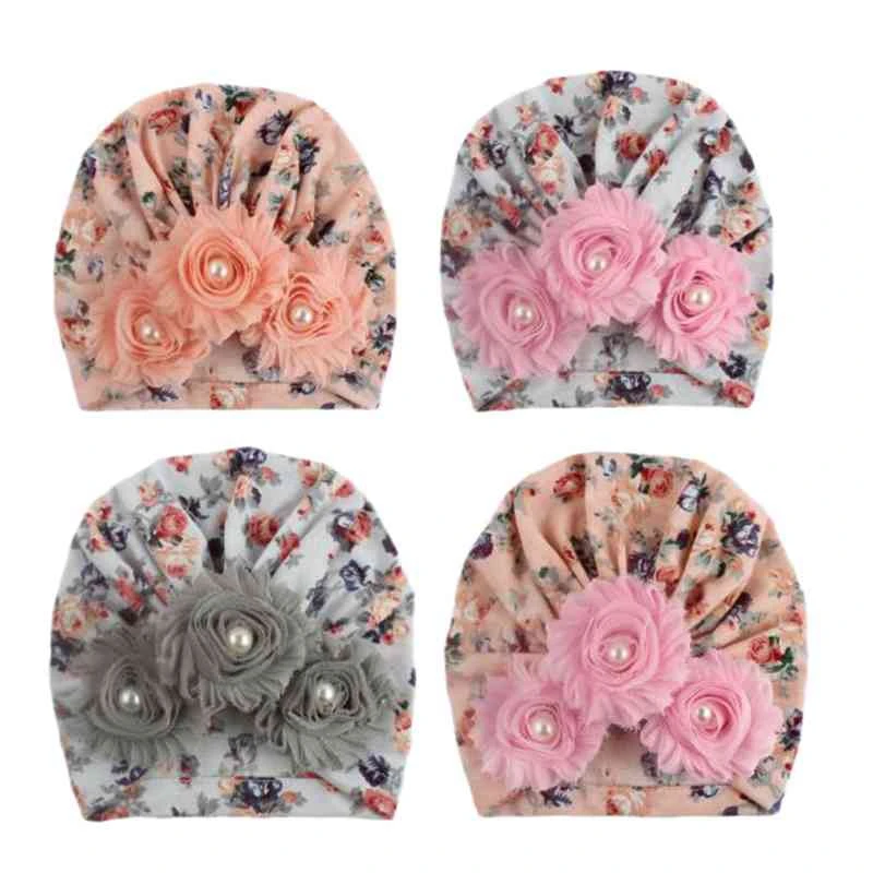 

4 Pcs Baby Accessories Newborn Infant Kids Baby Boy Girl Indian Turban Twist Knot Beanie Hat Pearl Flower Soft Cap