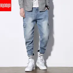 BQODQO карманные мешковатые из джинсовой ткани рабочие джинсы мужские осенние модные брюки длиной до щиколотки мужские уличная молния