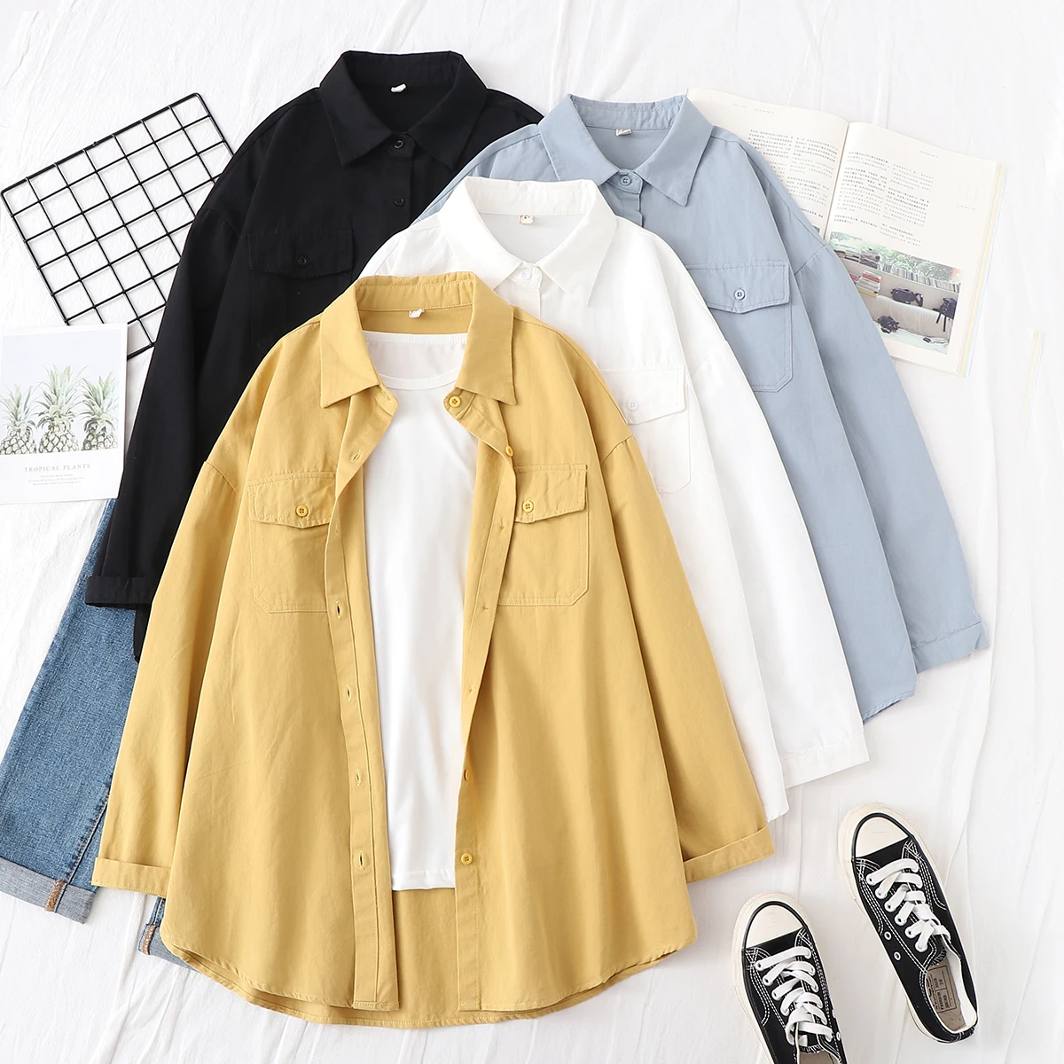 Fresh Simple Solid Color Loose Shirt Women Autumn New Woman Casual Long Sleeve Blouse Cotton Office Blouses Tops Blusas