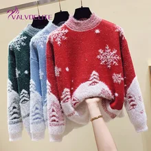 

2021 New Woman Crew Neck Sweater Winter Plus Velvet Warm Knit Pullover Christmas Print Top Fashion All-match Sports Cardigan