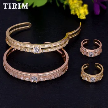 

TIRIM Luxury Fashion Micro Paved Baguette Cubic Zircon Crystal Adjustable Bangle Ring Sets For Women Wedding Party Dubai Jewelry