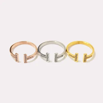 

04 hot selling fashion titanium steel jewelry simple titanium steel double T diamond inlaid open ring joint ring three colors