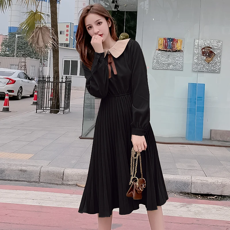 New Korean Version High Waist Bottom-knit Long Sleeve Vestito Donna Pleated Gorgeous Ladies Cute Design Summer Dress for Women